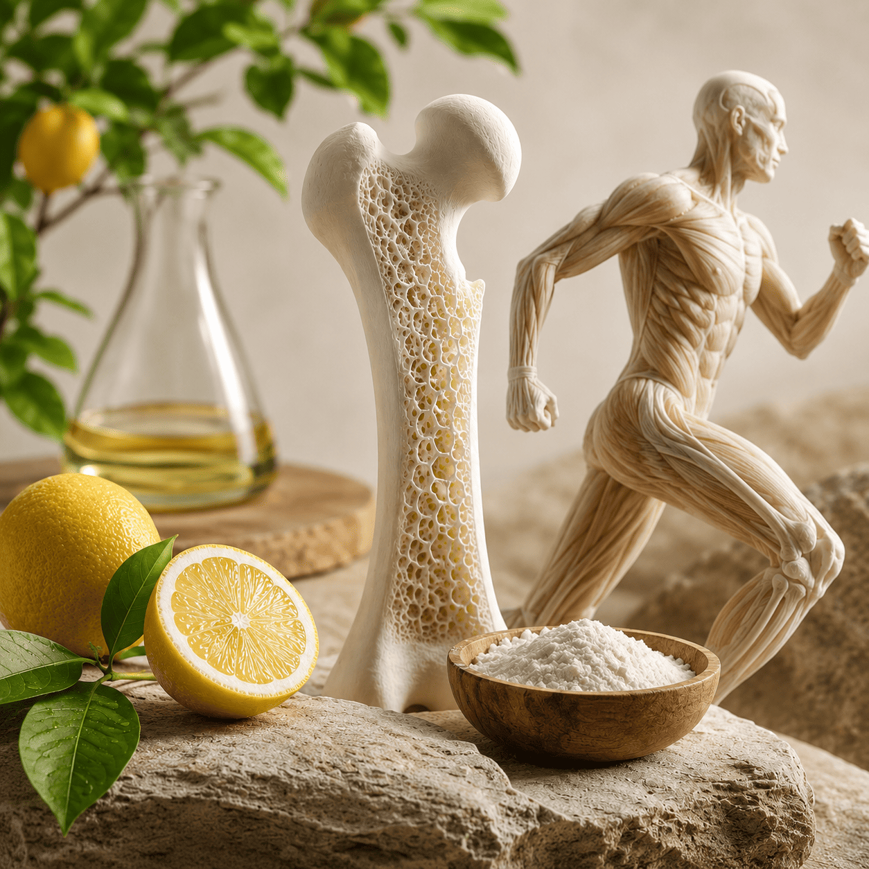 Model of a bone, running man, and bowl of calcium citrate powder on a stone surface with lemons and a vase in the background. 