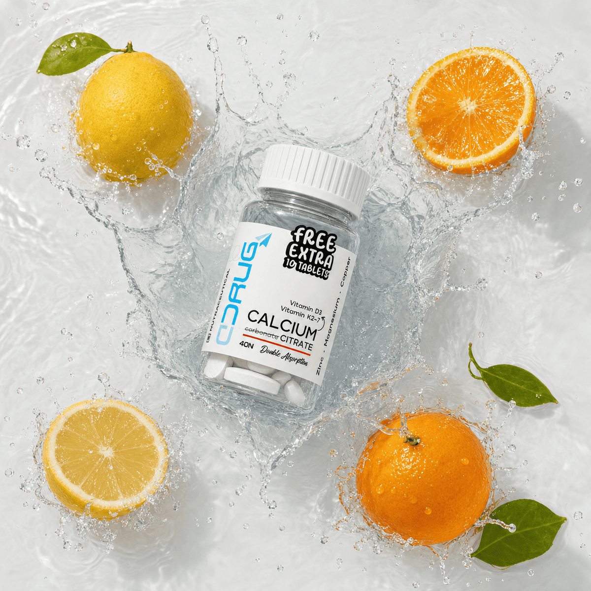 A bottle of Drug Rocket Calcium Citrate dietary supplement lies in the center of a dynamic water splash, surrounded by fresh citrus fruits including lemons and oranges with green leaves, on a clean white background.