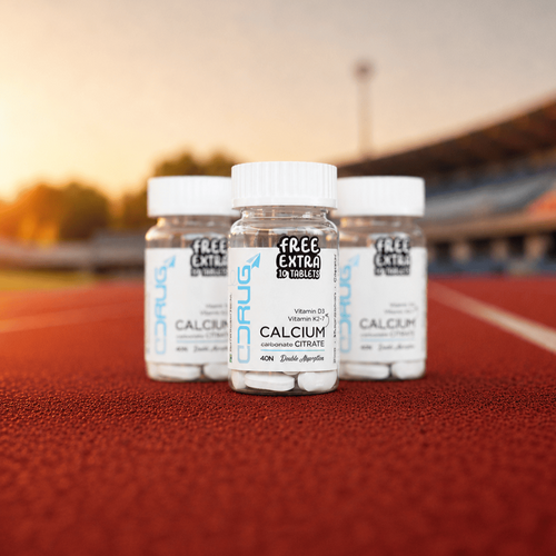 Three bottles of Calcium supplements on a track with a blurred stadium background. Calcium Citrate Tablets 40N, with Zinc, Magnesium, Copper, Vitamin D3 & Vitamin K2-7. With Free 10 Tablets.