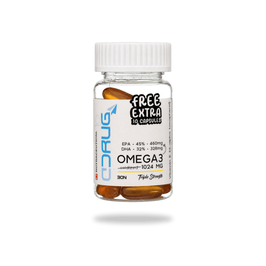 Supplement bottles on a track with a blurred stadium background. Advance Omega-3 1000mg 30N, with EPA 460mg, DHA 328mg & Vitamin E . Get Extra Free 10 capsules