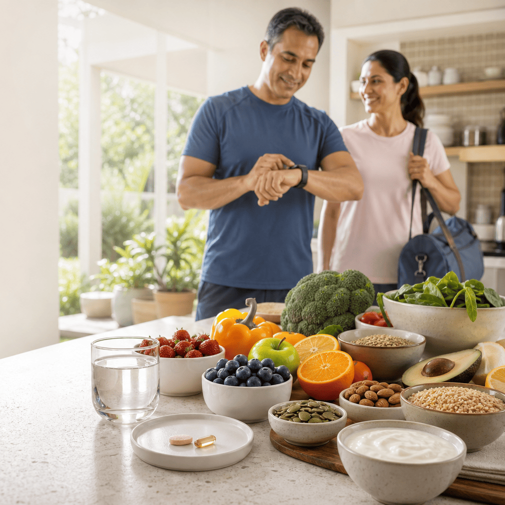 A man in a blue t-shirt checks his wristwatch while standing in a bright kitchen with a woman behind him. The kitchen counter is abundantly stocked with fresh fruits, vegetables, nuts, seeds, yogurt, and glasses of water.