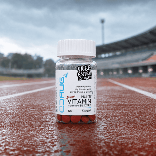 Advance Multivitamin Tablets 40N, with 51 Ingredients including Ashwagandha, Safed Musli, Biotin, Hyaluronic Acid. Get Extra Free 10 Tablets. Running track photo shoot.