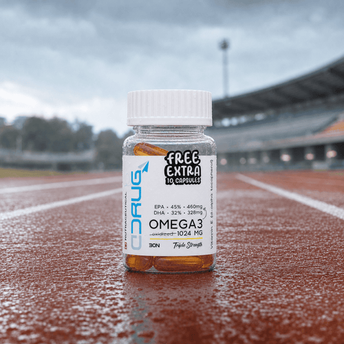 Supplement bottles on a track with a blurred stadium background. Advance Omega-3 1000mg 30N, with EPA 460mg, DHA 328mg & Vitamin E . Get Extra Free 10 capsules. Running track shoot.