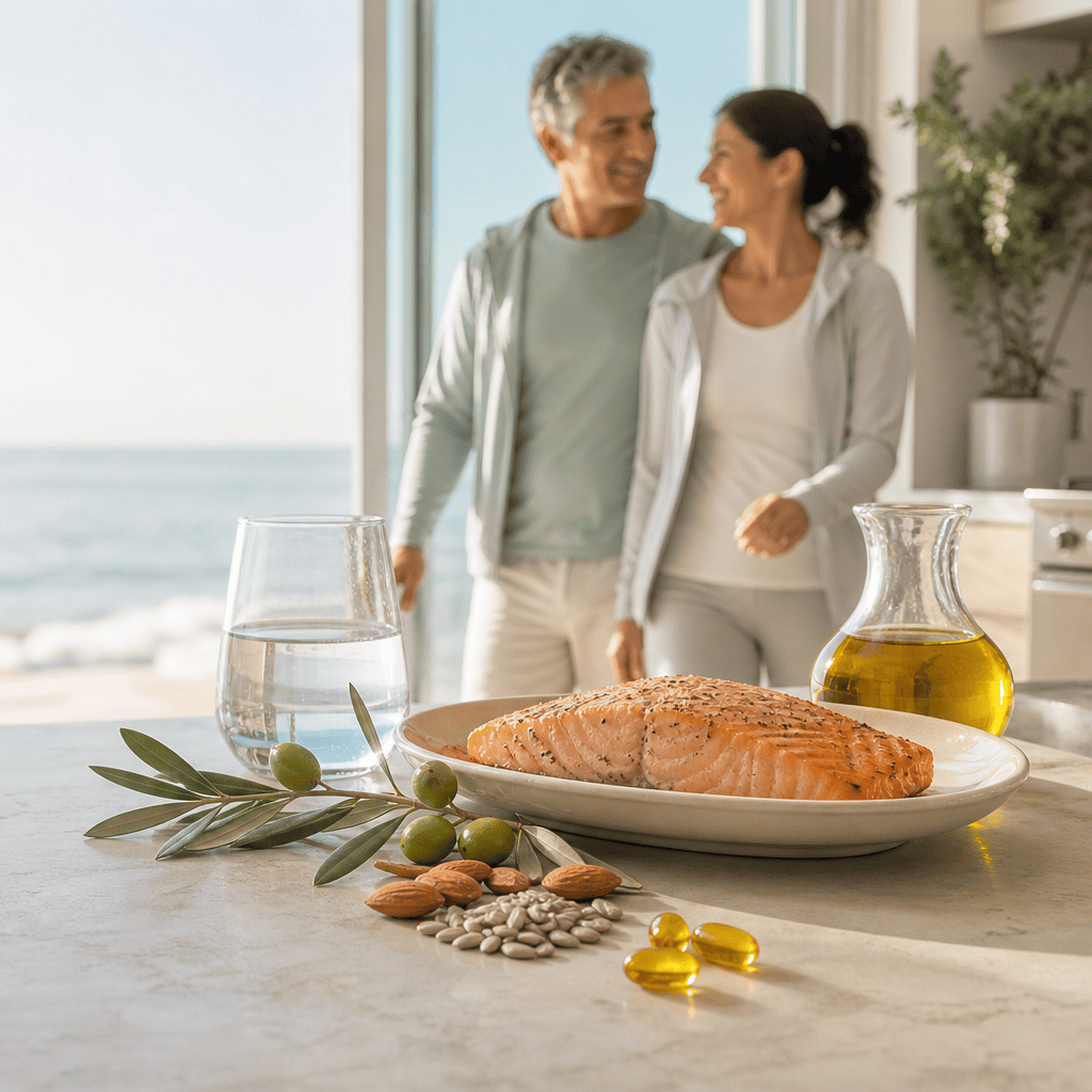 A man and woman stand in a bright kitchen or balcony area with the ocean in the background, smiling at each other. In the foreground on a marble counter is a plate of salmon, a glass of water, a bottle of olive oil, olives, almonds, seeds, and two yellow supplement capsules.