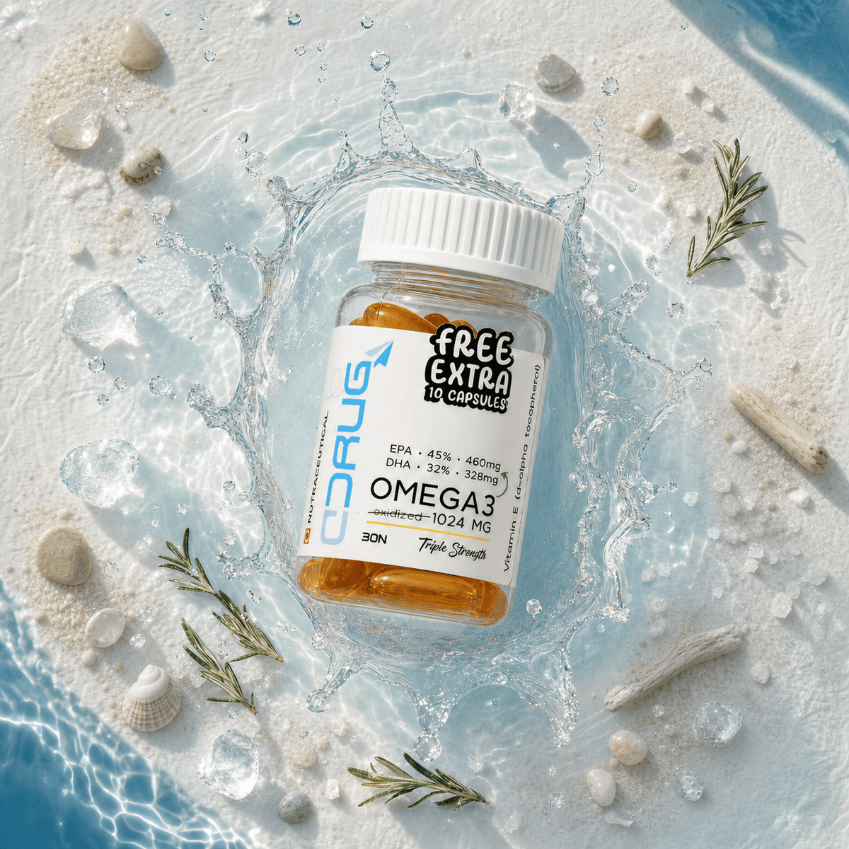 Drug House Omega-3 on beach.