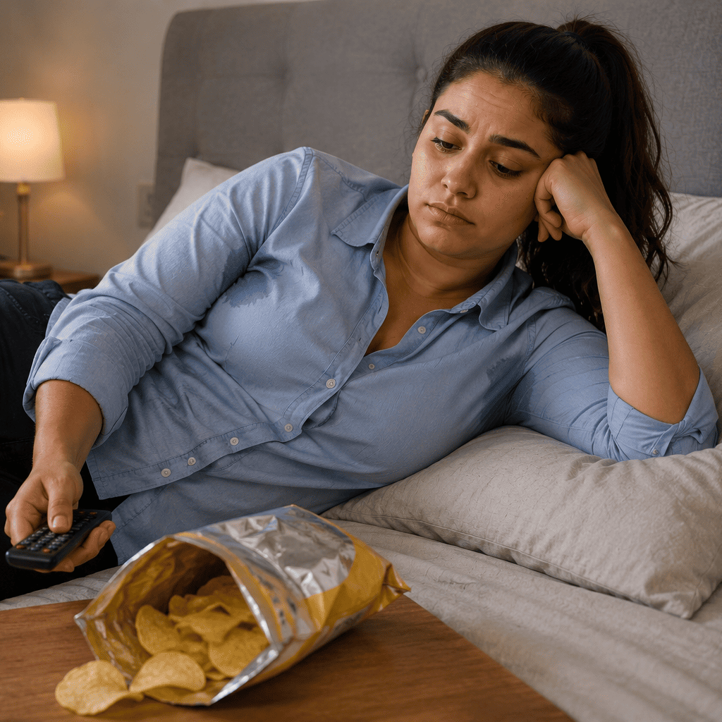 Woman lying on a bed with a glass of soda and a bag of chips, appearing to be in a state of sadness or frustration. This is the before image a fit women.